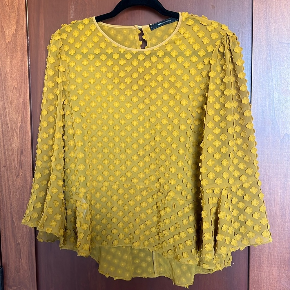 BCBG Ochre colored Blouse. Sheer with flower embroidery.